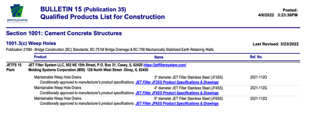 PennDOT Bulletin 15 Maintainable Weep Hole Drains